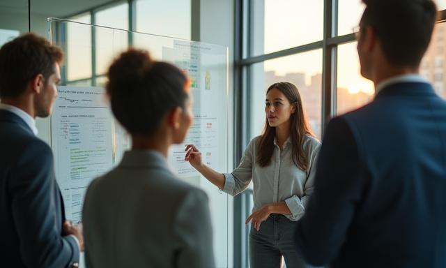 Colleagues collaborating on a strategic whiteboard in a New York office